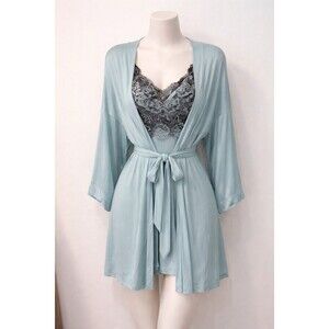 Soma Blue/Black Lace Trim Babydoll Slip Dress & matching Robe PJ Set Size L/XL